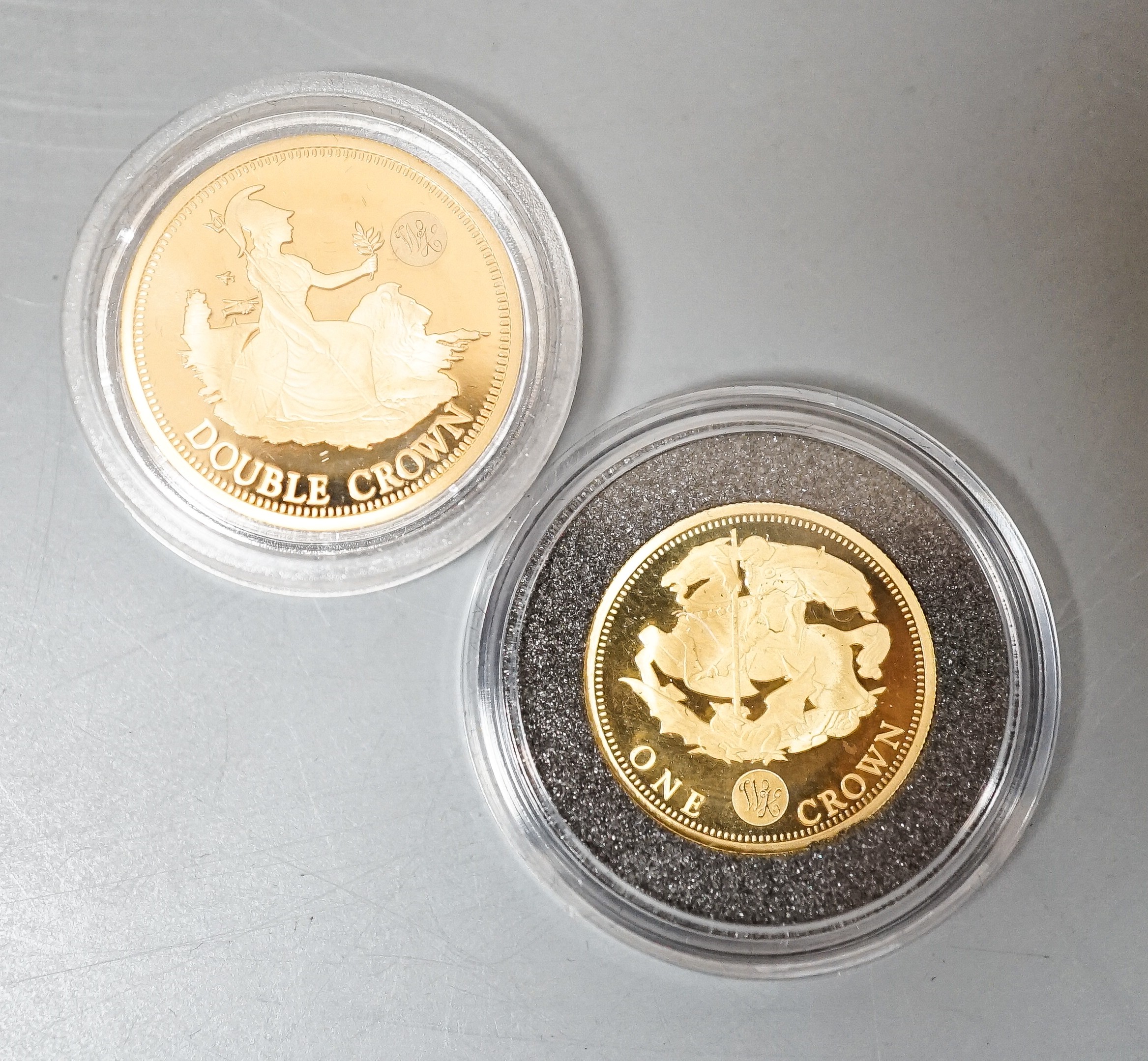 A London Mint Tristan da Cunha gold double crown and a similar gold one crown, cased with certificates